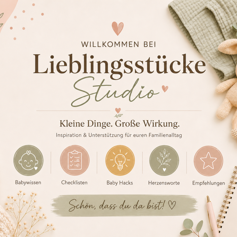 Lieblingsstücke Studio – fünf Themenwelten Willkommensgrafik von Lieblingsstücke Studio mit den fünf Themenwelten Babywissen, Checklisten, Baby Hacks, Herzensworte und Empfehlungen